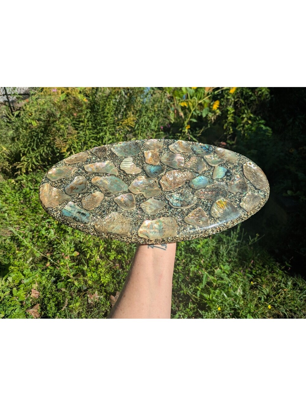 Brilliant MCM Vintage 1960s Oval Abalone Shell Resin Trivet Hot Plate, 16 x 9